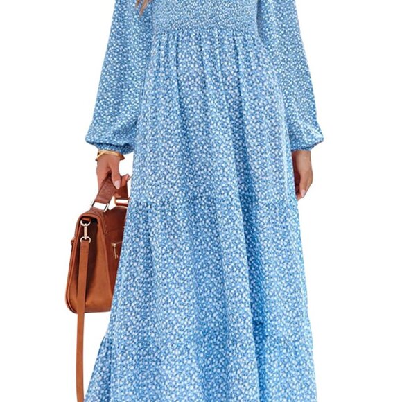 Dresses & Skirts - Flowy Floral Maxi Dress Smocked Tiered Long Sleeve Spring Boho Chic
